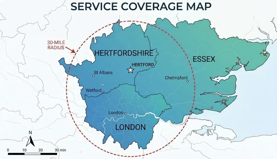 Sharp Heating service coverage map across Hertfordshire, Essex and North London