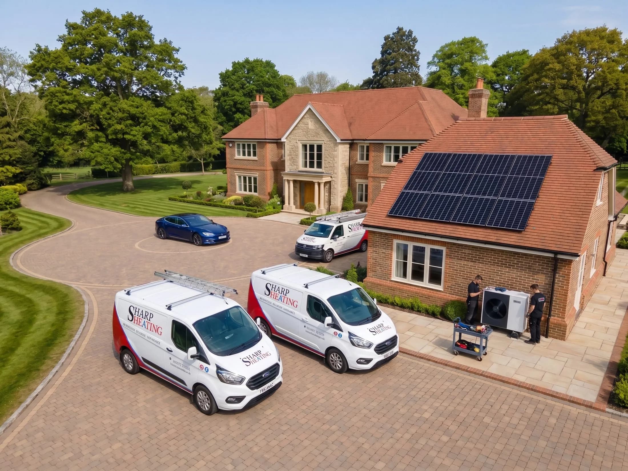 Sharp Heating engineers fitting an air source heat pump and solar PV at a Hertfordshire home, with branded vans on the driveway