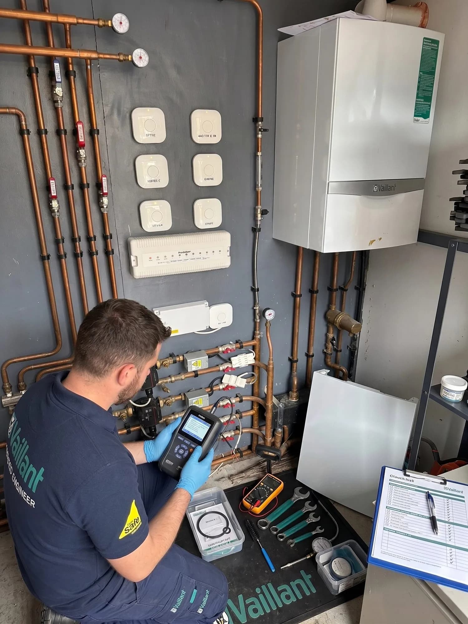 Sharp Heating engineer servicing a Vaillant gas boiler