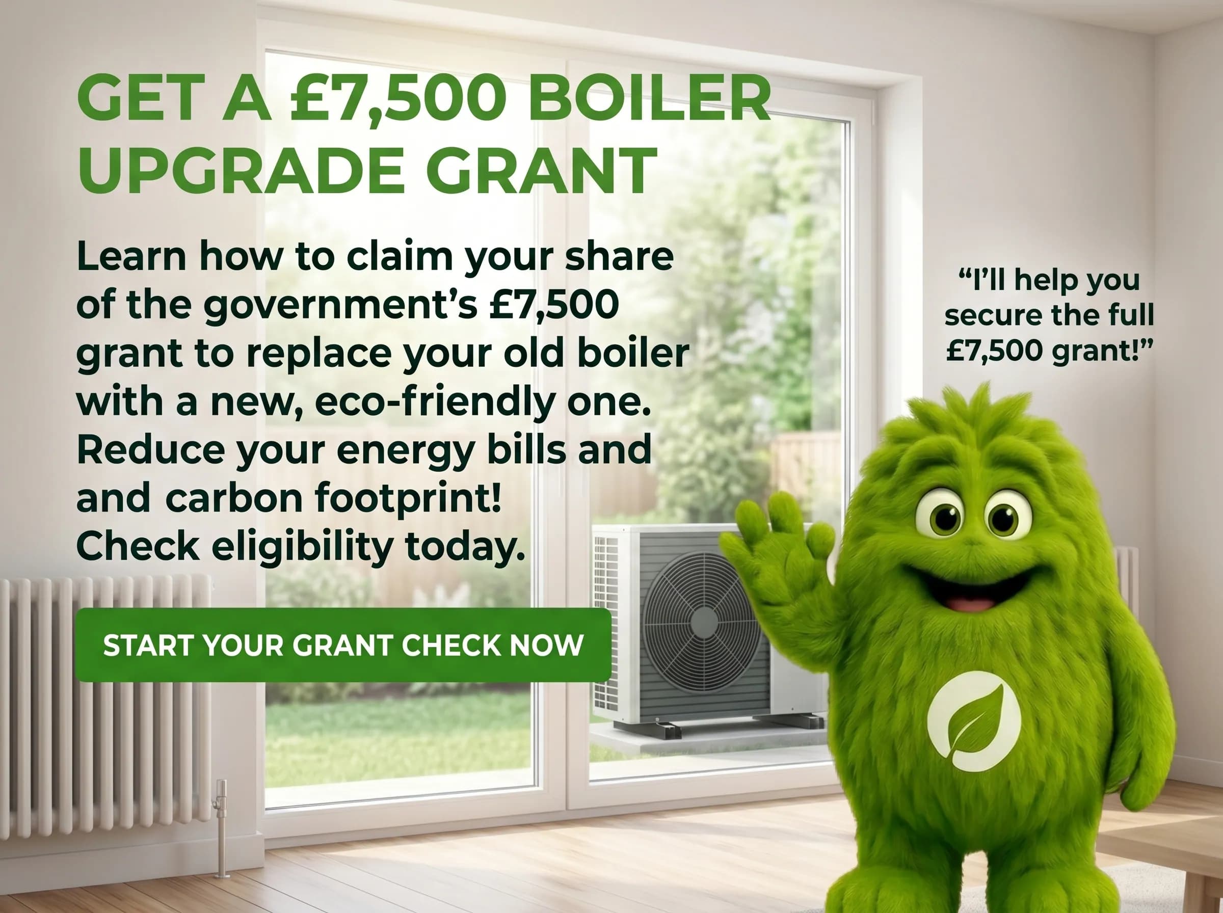 Air source heat pump beside a home with the Sharp Heating mascot, promoting the Boiler Upgrade Scheme grant