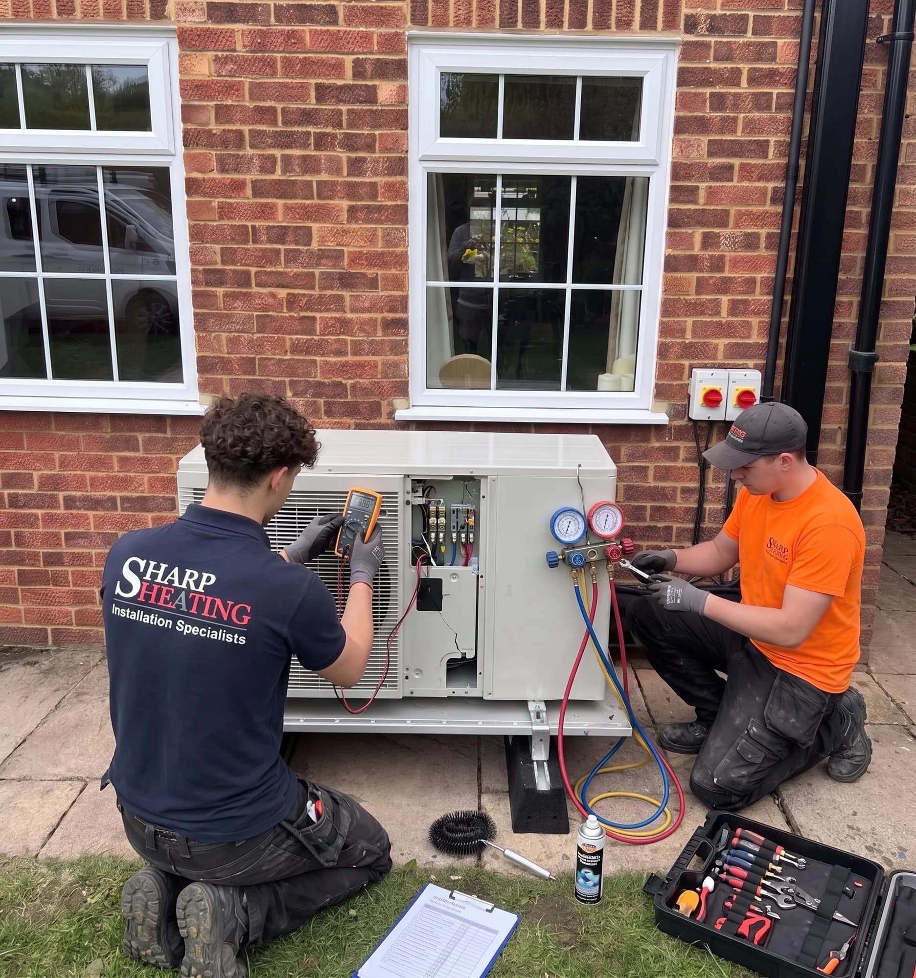Sharp Heating engineers servicing an air source heat pump