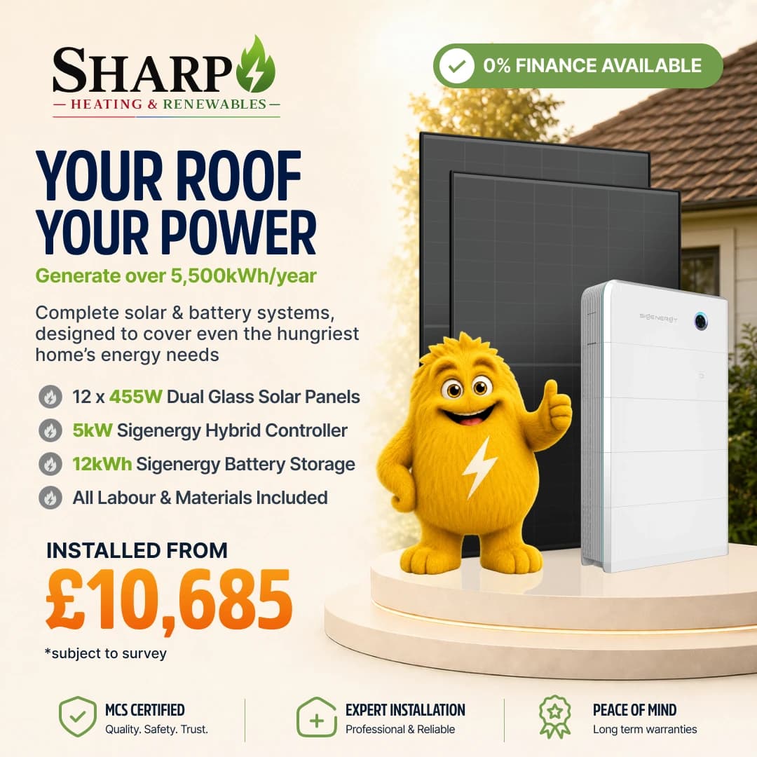 Sharp Sigenergy Premium package: 12 455W panels with 5 kW Sigenergy hybrid controller and 12 kWh SigenStor battery, installed from £10,685